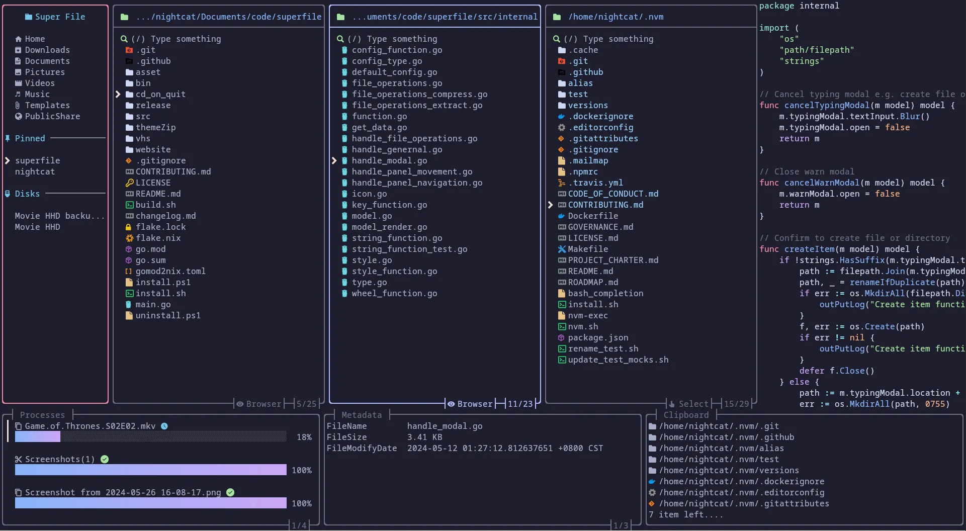 superfile terminal file manager showing multiple panels, file listing, and preview